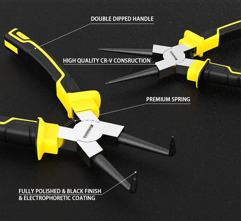 Four Piece Heavy Duty Snap Ring Pliers Set Seven Inch Internal And External Circlip Pliers Kit With Straight And Bent Jaw Tips