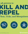 Lab proven to kill and repel fleas, ticks, and mosquitoes with Wondercide logo.
