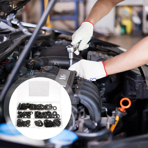 Auto repair using 280 pieces manganese steel plum tooth lock washers with internal teeth and black metal retainer rings kit