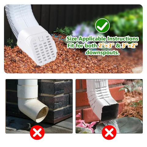 Tough As Nails 2X3 Downspout Extender With Removable Critter Mesh installed on garden bed, showing size compatibility instructions.