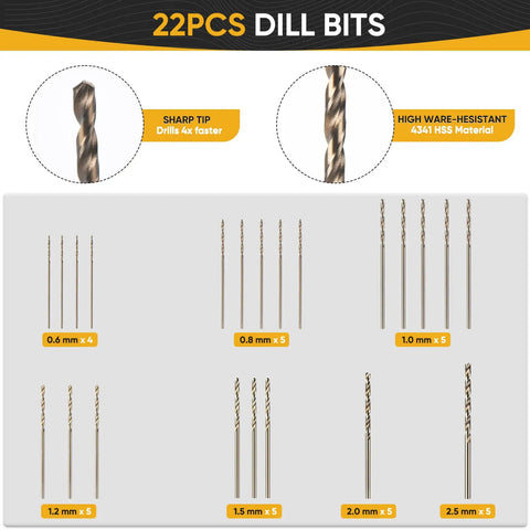 Display of 22 piece micro drill bits set ranging from 0.6mm to 2.5mm for the Pin Vise Hand Drill Kit with sharp tips and durable material.