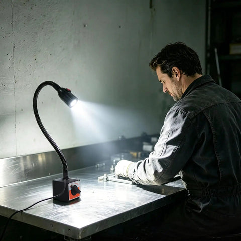 Heavy Duty Led Magnetic Work Light With Flexible Gooseneck Lamp providing 550 to 650 lumens illuminating a workshop workbench.