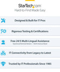 StarTech.com branding with key features for IT professionals including support, testing, and trust since 1985.