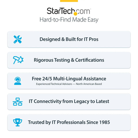 StarTech.com branding with key features for IT professionals including support, testing, and trust since 1985.