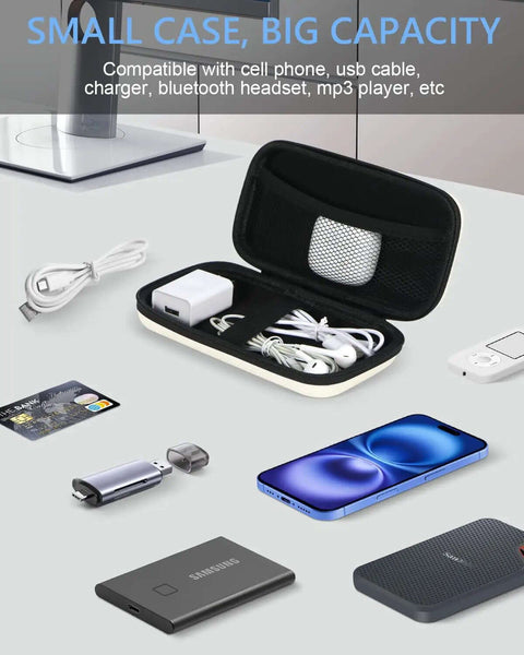 Small Hard Shell Tech Organizer Pouch Portable Carrying Case for Electronics Built Workhorse Grade yet Light Holds cables and gadgets securely.