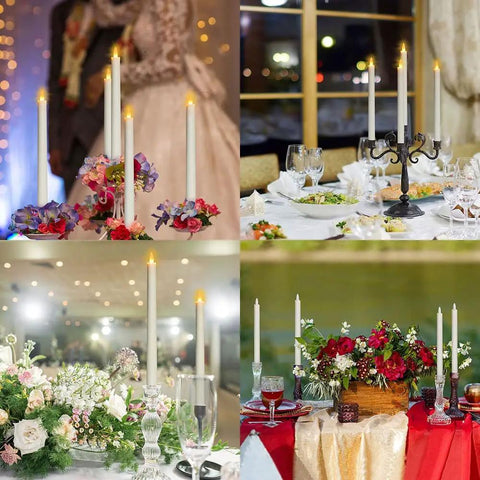 LED Taper Candles With Remote Control, Rechargeable Amber Glow, 6 Pack on elegant tables at events and celebrations