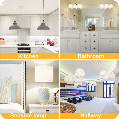 Four home settings using A19 Rechargeable LED Light Bulbs With Built In Battery Backup For Power Outages, 60 Watt Equivalent Daylight, 6 Pack