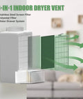 Illustration of a 3 In 1 Indoor Dryer Vent Kit with stainless steel pre filter screen and high temp polyester filter.