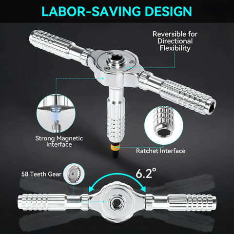 Labor-saving design of 40 In 1 Precision Magnetic Ratchet Screwdriver Set With Case And 40 Bits, showing reversible flexibility, magnetic interface.