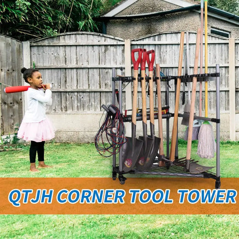 Rolling Garden Tool Organizer With Wheels Corner Storage Rack For Long Handled Tools And Yard Cleanup in garden