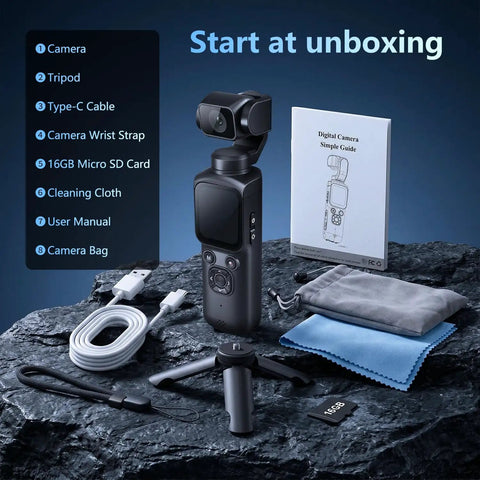 4K Vlogging Camera With 330 Degree Rotating Lens And Face Tracking For YouTube And TikTok with accessories in box, black.