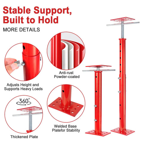 Heavy Duty Steel Crawl Space Jacks 4 Pack Adjustable Leveling Posts 19 To 36 Inches with red anti-rust finish and thickened base for stability.