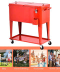 80 Quart Rolling Cooler Cart With Bottle Opener And Catch Tray For Parties And Bar Nights Red Durable Steel With Easy Fill Lift Off Top