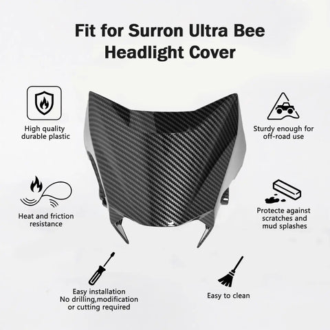 Ultra Bee Headlight Cover With Dope Carbon Fiber Look Fender Mud Guard For Electric Dirt Bike on white background