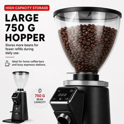 Top Tier Commercial Espresso Grinder Featuring 64Mm Stainless Steel Flat Burrs Timed Dosing Button with 750g bean hopper.