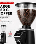 Electric Coffee Bean Grinder With 64mm Flat Burr And Digital Timer Single And Double Dose Modes Adjustable Portafilter Fork For Espresso To French Press Killer Consistency For Top Shelf Morning Brews In Sleek Silver with large 750g hopper filled with coffee beans.