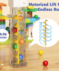 Motorized Marble Run Elevator Kit With Perpetual Motion Machine, colorful building blocks showing motorized lift mechanism