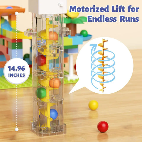 Motorized Marble Run Elevator Kit With Perpetual Motion Machine, colorful building blocks showing motorized lift mechanism