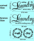 Laundry Room Wall Decal Set Of 3 Vinyl Stickers Wash Dry Laundry Never Ending Story Quote Art For Home And Apartment Black Print Easy Peel And Stick For Home Decor with sizes.