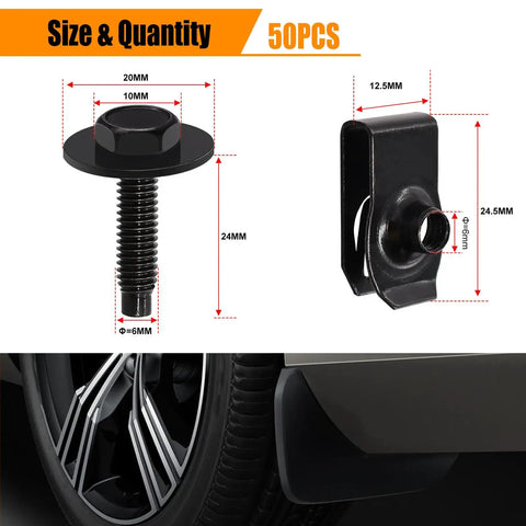 Universal Fender Liner Screws U Nut Kit M6-1.0 X 24mm With 10mm Hex Head U Clips, product size and quantity illustration.