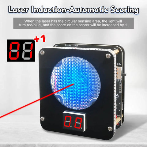 DIY Light Sensitive Shooting Target Kit For Soldering Practice with digital hit counter and LED score display showing laser hit