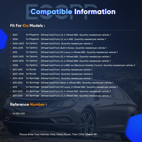 Vehicle compatibility chart for Kia models listing years and hub requirements, with a car image in the background.