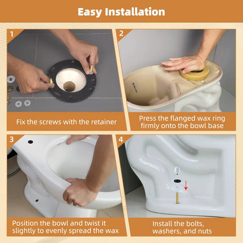 Installation steps for Premium Heavy Duty Toilet Wax Ring Replacement Kit Fits 3 Inch Or 4 Inch Pipes, featuring flanged wax ring.