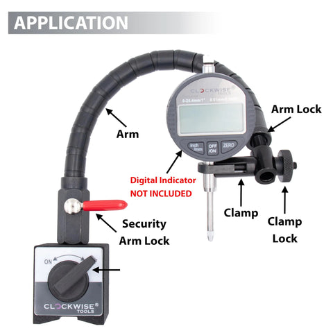 Clockwise Tools magnetic base with flexible gooseneck arm and dial indicator holder; digital indicator not included.
