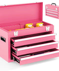 3 Drawer Metal Tool Box With EVC Liners And Latch Closure, Beefy Portable Heavy Duty Steel Tool Chest With Ball Bearing Opening, Powder Coated Finish In Pink