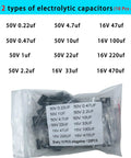 Complete Electronic Component Kit With 1800 Pieces including labels of 12 types of electrolytic capacitors in plastic bag