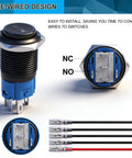 16mm Raised Speaker Horn Momentary Push Button Switch With 12V Blue LED Light Black Stainless Steel Shell 1NO 1NC SPDT Prewired
