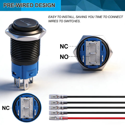 16mm Raised Speaker Horn Momentary Push Button Switch With 12V Blue LED Light Black Stainless Steel Shell 1NO 1NC SPDT Prewired