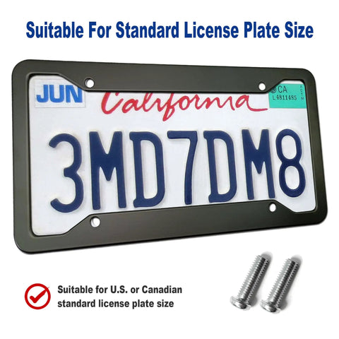 Matte Black Aluminum License Plate Frames 2 Pack Heavy Duty Car Tag Covers with screws and license plate example