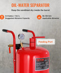 Powerful 10 Gallon Sandblaster Kit With 125 PSI Pressure, close-up of feeding port and pressure gauge on red tank