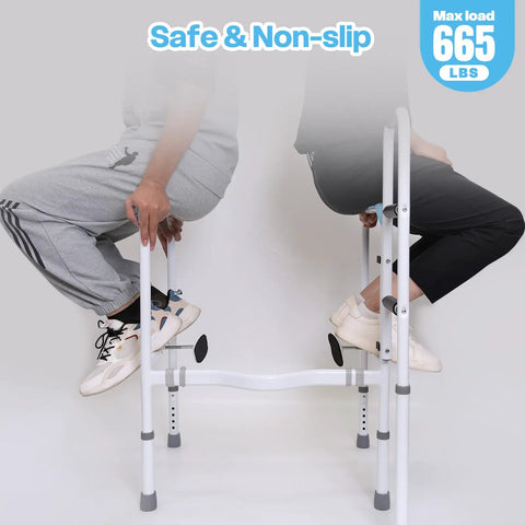 Two individuals seated on the Heavy Duty Aluminum Bathroom Assist Rail Frame for Seniors and Adults, showcasing its stability and grip.