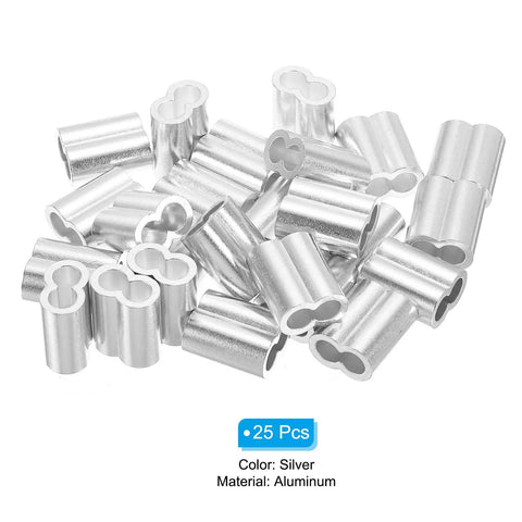 Aluminum Built Tough Crimping Loop Sleeve Double Ferrule For Wire Rope Ends, 5/16 Inch (8mm) Diameter, Inner 18mm, Overall 29mm, 3mm Thick, Silver Finish, 25 Pc Pack, Heavy Duty End Fittings For Marine, Construction And DIY. 25 silver aluminum ferrules