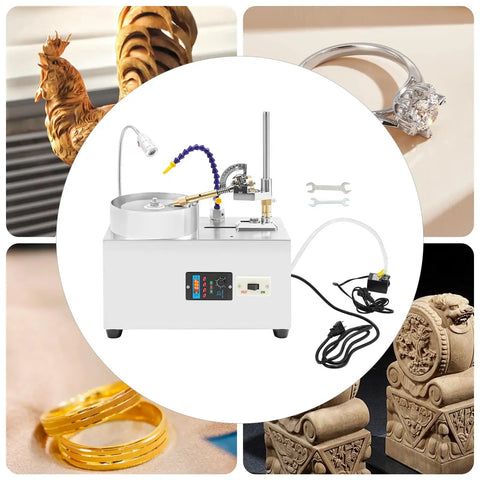 Pro Grade Faceting Machine With Beast Power 180W Jade Grinding Polisher, 0-3000 RPM Adjustable Speed, gold rings, carved statue.