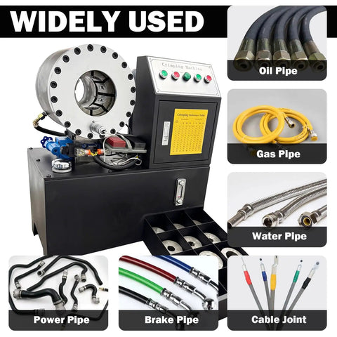 Rock Solid Electric Hose Crimping Machine For Hydraulic Tube Press With Ten Die Kits Smooth 220 Volt Operation on a workbench.