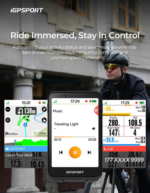 Cyclist using BiNavi Bike Computer With Touch Screen Map Navigation And Wireless GPS, Music Control, Climb Tips in urban setting