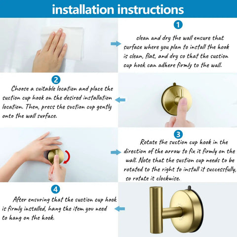 Gold Stainless Steel Suction Hooks For Bathroom And Kitchen, Heavy Duty 15 Lb Capacity, installation instructions step-by-step.