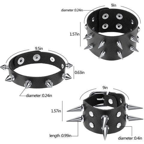 Six Piece Punk Leather Bracelet Set Featuring Hardcore Spikes Mixed Metal Studs Black Cuff Bands, showcasing various sizes.