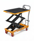 Heavy Duty Hydraulic Lift Cart With A Rock Solid Steel Frame, Five Hundred Pound Capacity, with a non-slip deck for easy lifting.