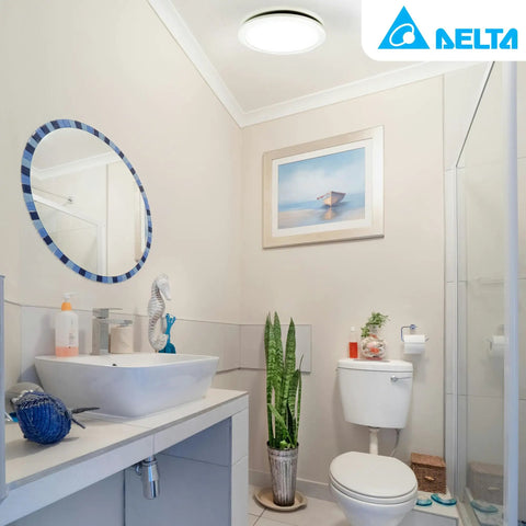 Bathroom with Delta Integrity 100 CFM Exhaust Bath Fan With LED Edge-Lit Panel Light, white finish on ceiling.