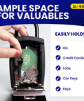 Super Handy Outdoor Key Lock Box With Digital Push Button Keypad For Outside Use Portable Shackle Safe Box Fits House Keys Car Keys Fobs Cards IDs And More Weatherproof Security Box For Home Travel opened showing key storage space.