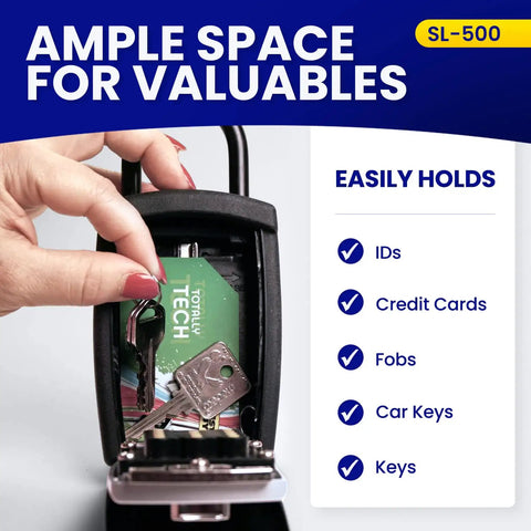 Super Handy Outdoor Key Lock Box With Digital Push Button Keypad For Outside Use Portable Shackle Safe Box Fits House Keys Car Keys Fobs Cards IDs And More Weatherproof Security Box For Home Travel opened showing key storage space.