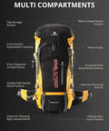 65L Internal Frame Hiking Backpack With Rain Cover For Camping, showcasing multi compartments detail view
