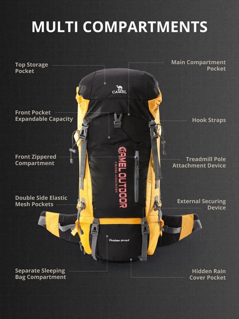 65L Internal Frame Hiking Backpack With Rain Cover For Camping, showcasing multi compartments detail view