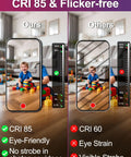 Comparison showing CRI 85 flicker-free lighting with child playing, highlighting benefits of 4 Inch RGB LED Recessed Lights Canless With Alexa Voice Control And BRmesh App, 16 Million Colors, 2700K-6000K, 10W 900LM, Bluetooth Mesh, Pack Of 6 Ready To Install.