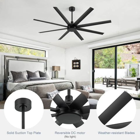 65 Inch Ceiling Fan With Remote Control No Light Black DC Motor Ultra Quiet 8 Reversible Blades in bedroom setting
