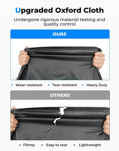 Comparison of Heavy Duty UTV Cover For 2 To 3 Seaters, Medium Size With Reflective Strip showing durable and flimsy materials.